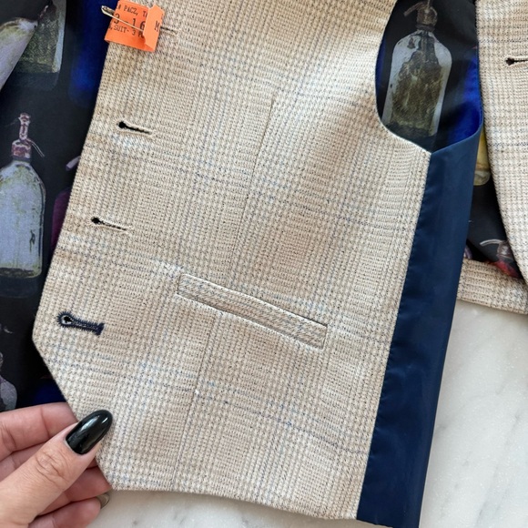 Single-breasted Checked 3 Piece Suit 3Y Light Beige Navy Blue Vest Trousers - Picture 11 of 16